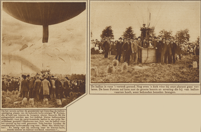 870799 Collage van 2 foto's betreffende het vertrek van een ballonvaart door W. Pottum, op het terrein achter de ...